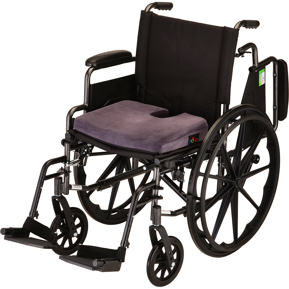 2655C Memory Foam Coccyx Cushion Velour Blue on wheelchair