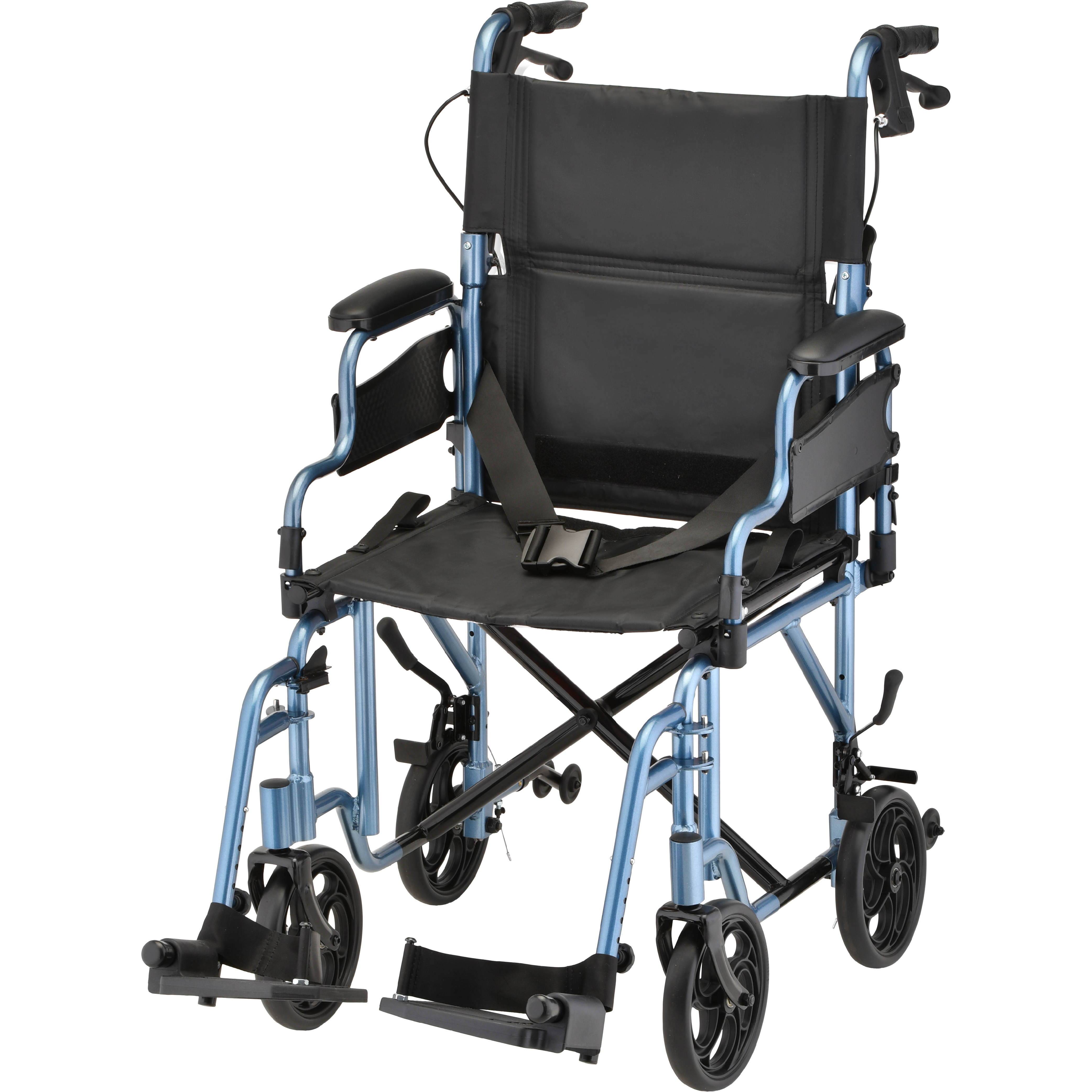350B Nova Transport Chair Lightweight Flip Up Arms with Locking Hand Brakes Blue 350B Nova Transport Chair Lightweight Flip Up Arms with Locking Hand Brakes Blue