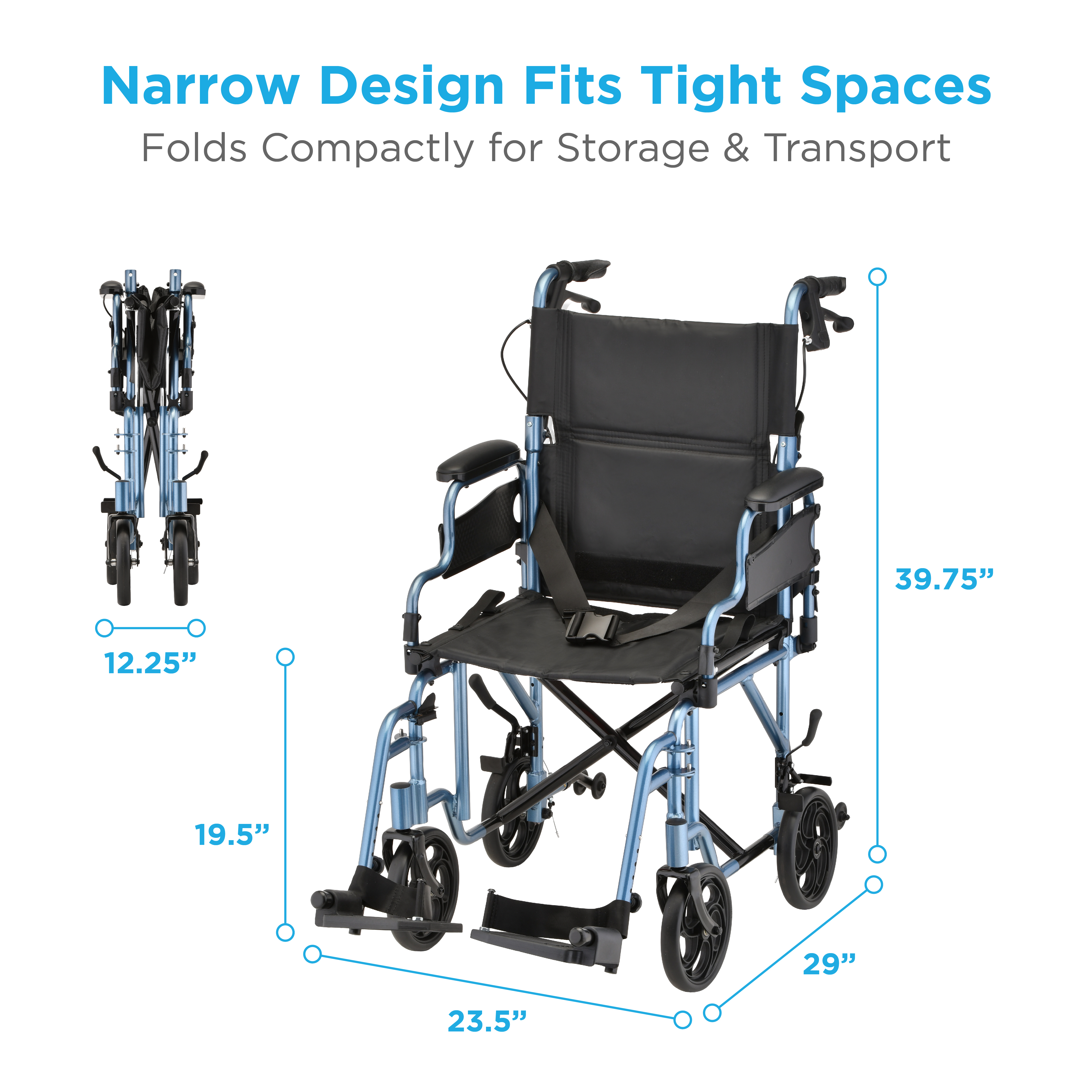 350B Nova Transport Chair Lightweight Flip Up Arms with Locking Hand Brakes Blue Dimensions