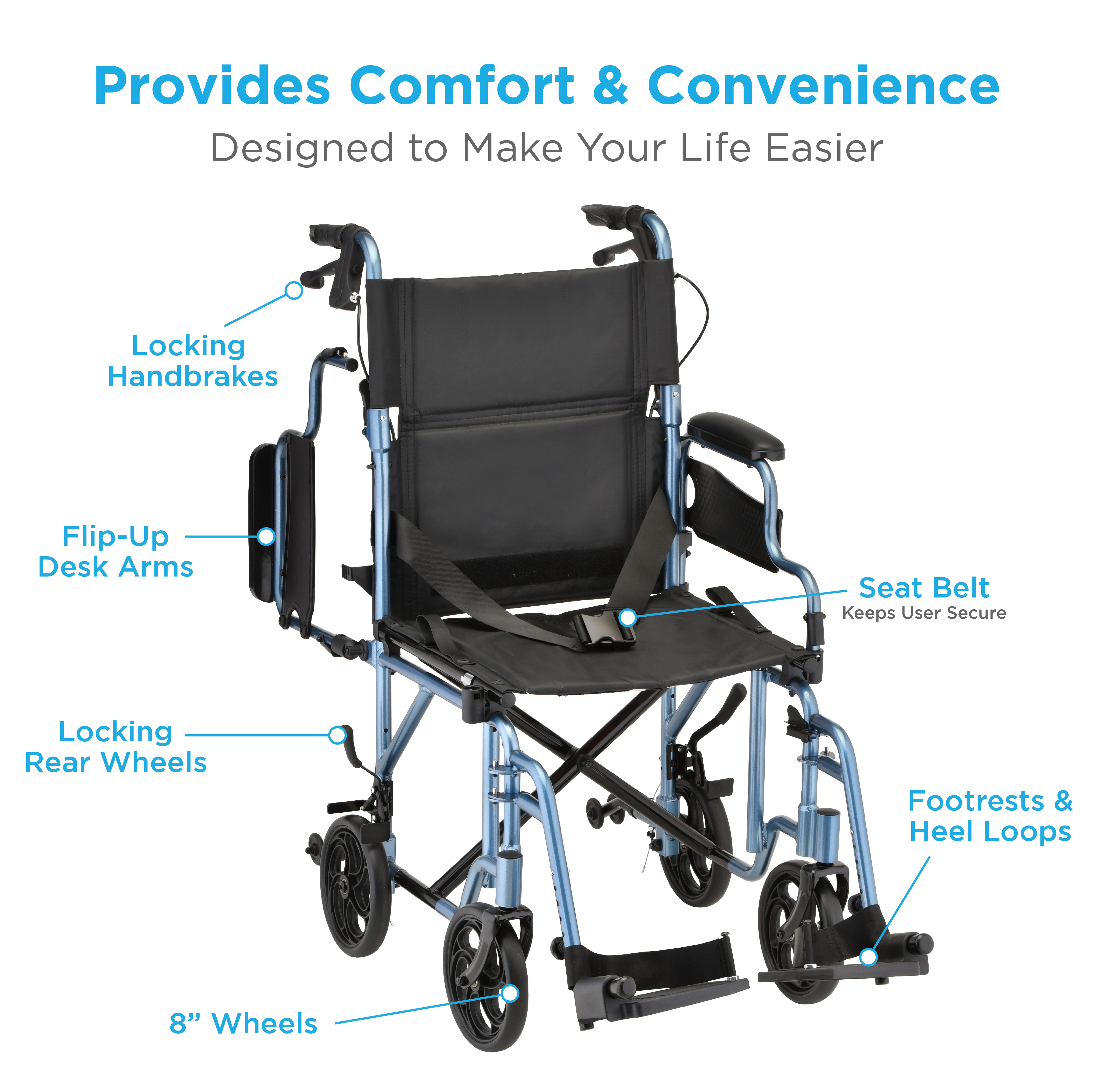 350B Nova Transport Chair Lightweight Flip Up Arms with Locking Hand Brakes Red overview