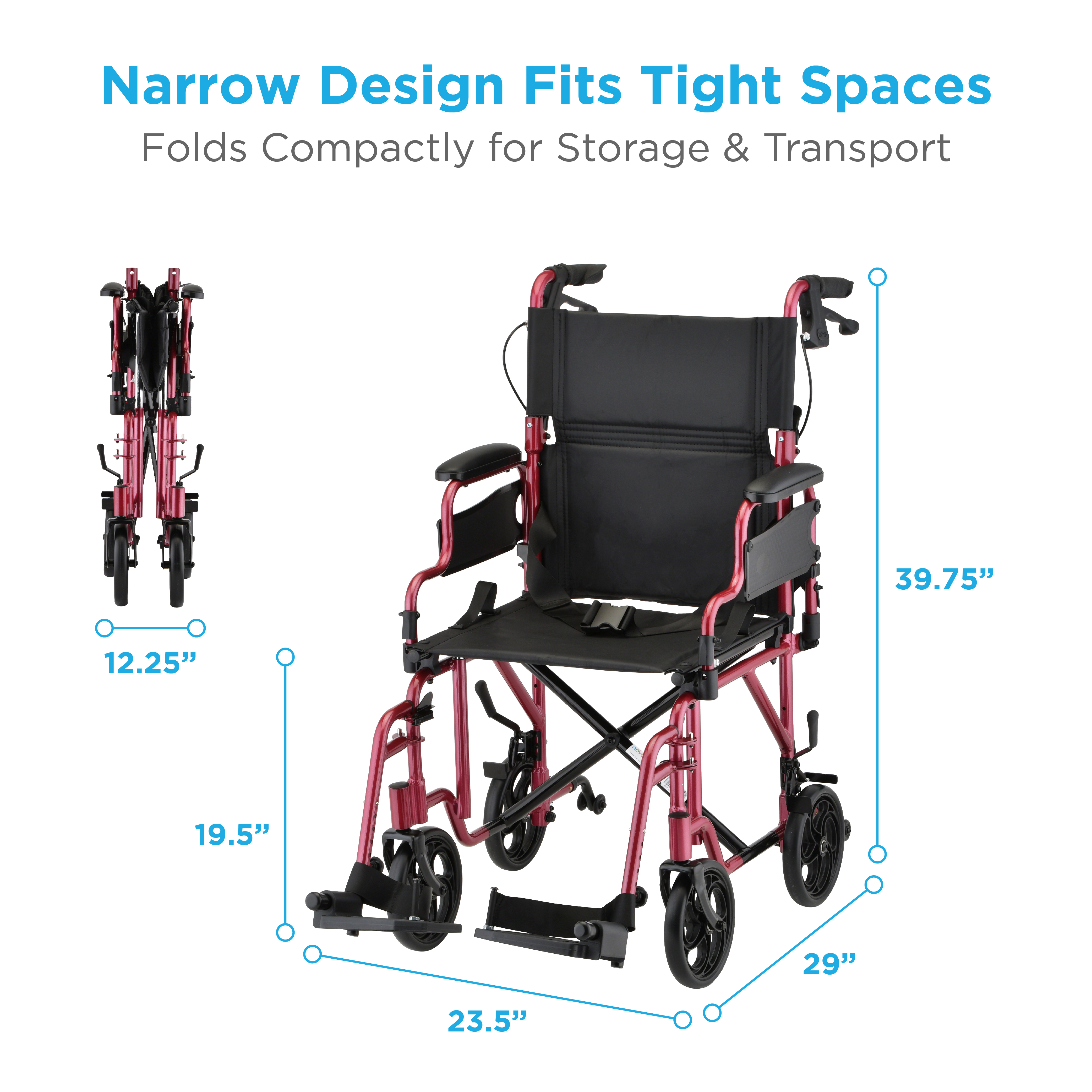 350R Nova Transport Chair Lightweight Flip Up Arms with Locking Hand Brakes Red Dimensions