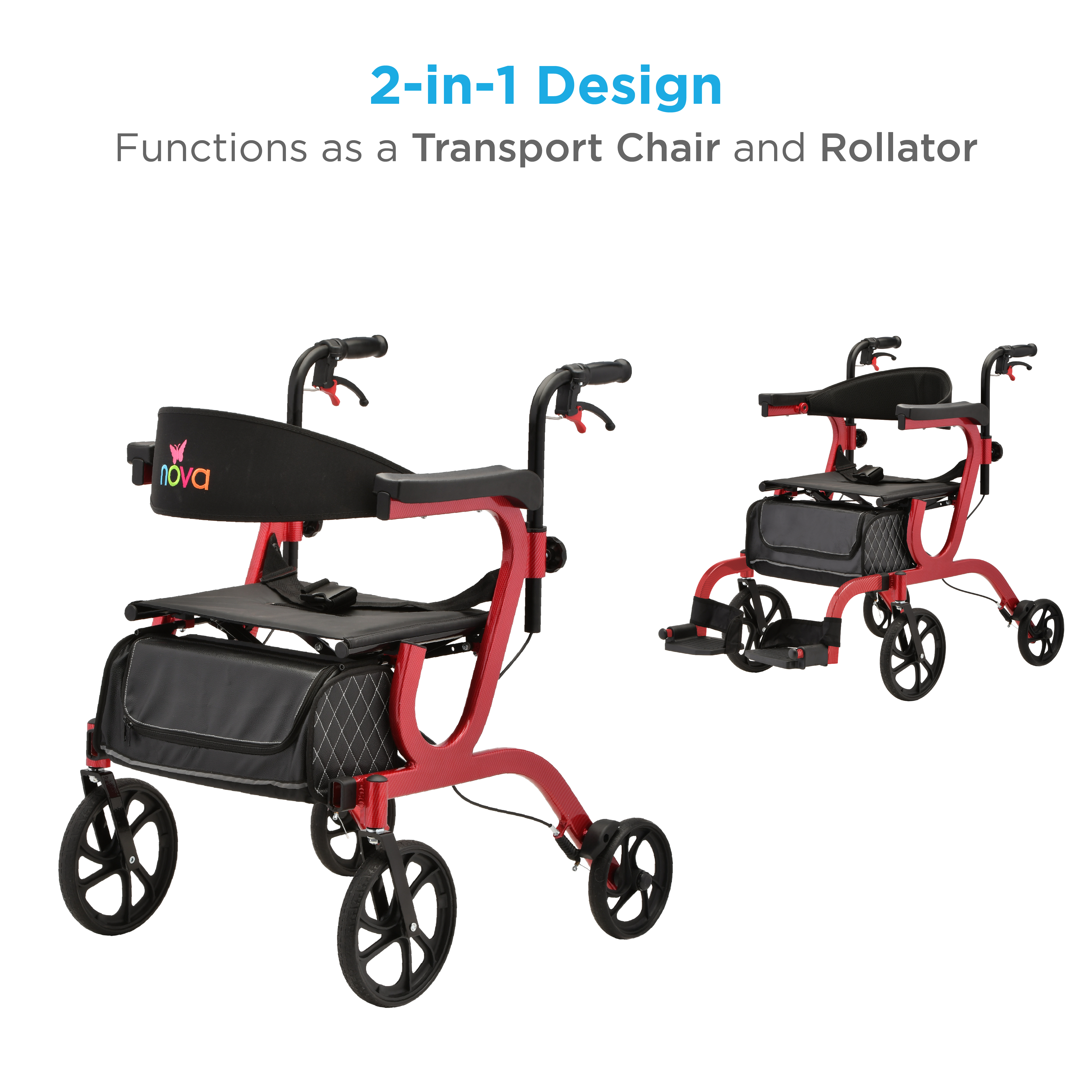 4500BK NOVA Gemini 2 in 1 Rollator Transport Chair Red 2 pictures 4500BK NOVA Gemini 2 in 1 Rollator Transport Chair Red 2 pictures