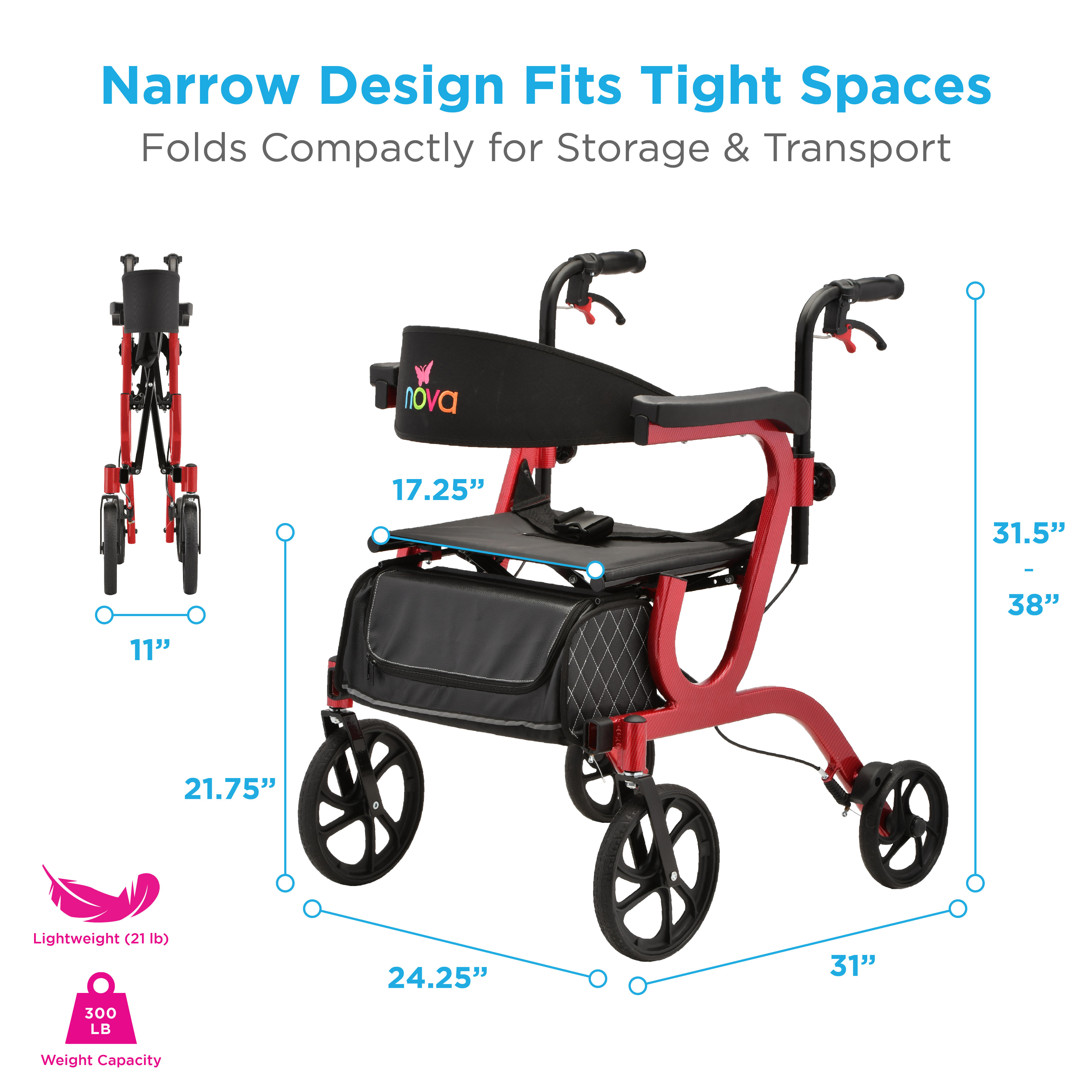 4500BK NOVA Gemini 2 in 1 Rollator Transport Chair Red Dimensions