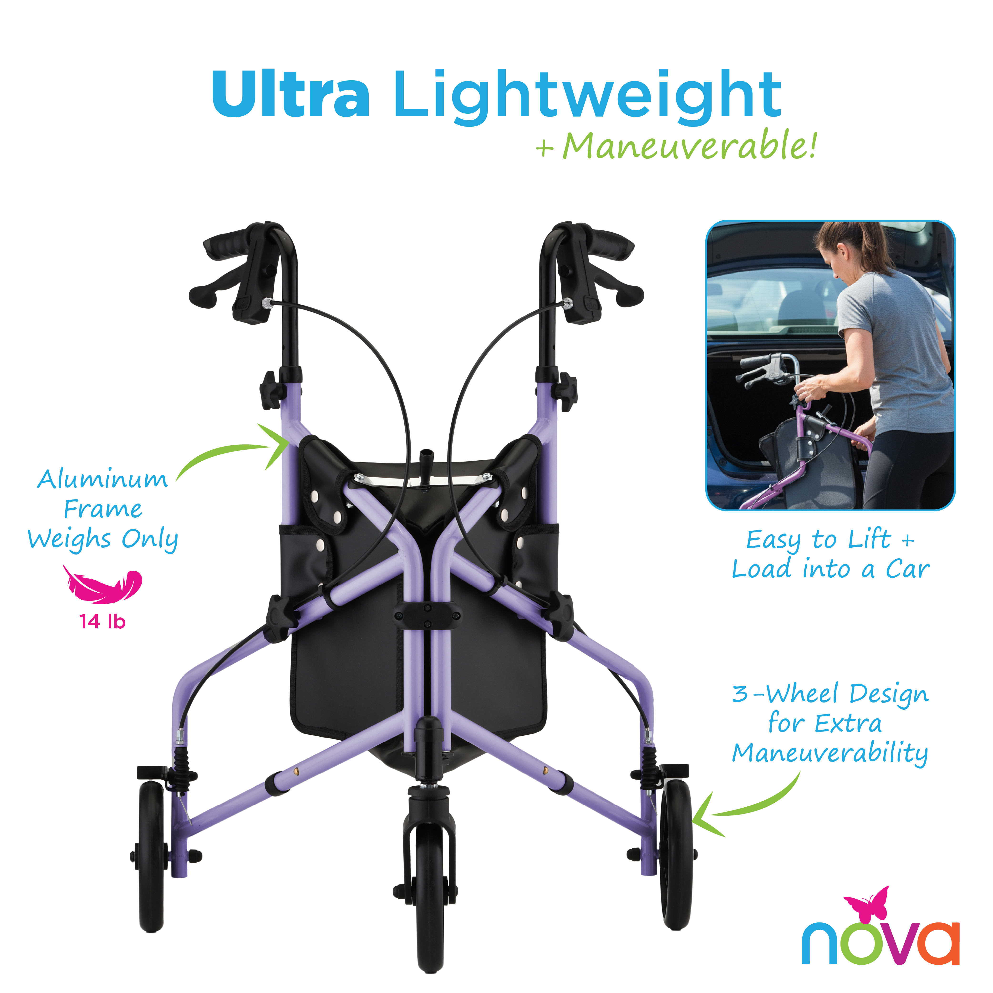 4903PL Nova Active 3 Wheel Rollator Purple Infographic