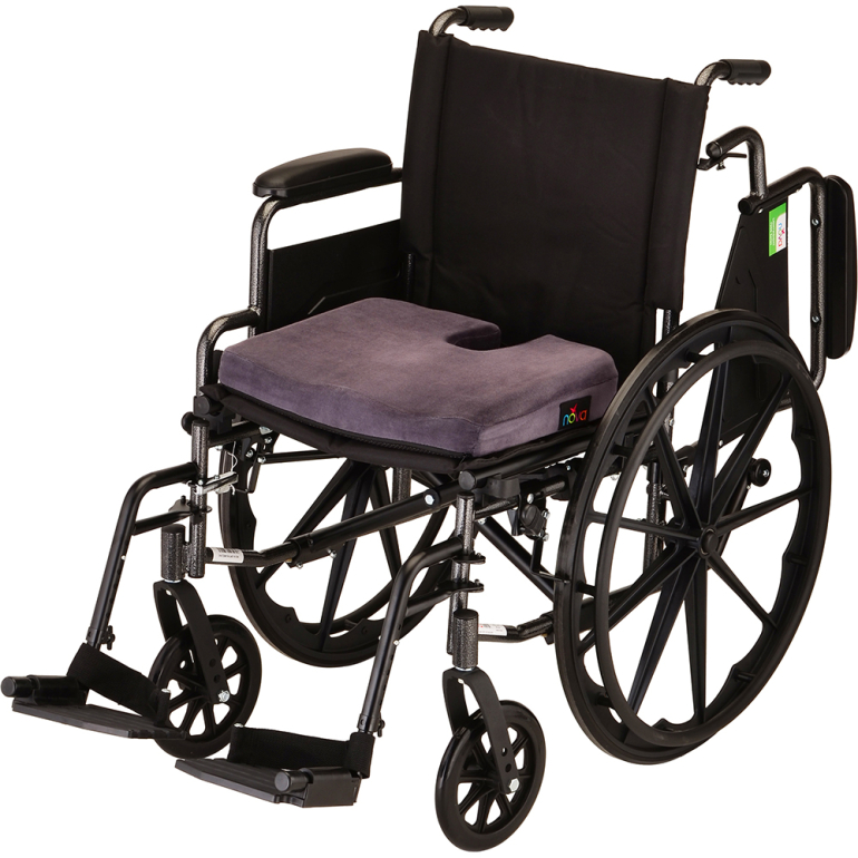 2655C Memory Foam Coccyx Cushion Velour Blue on wheelchair