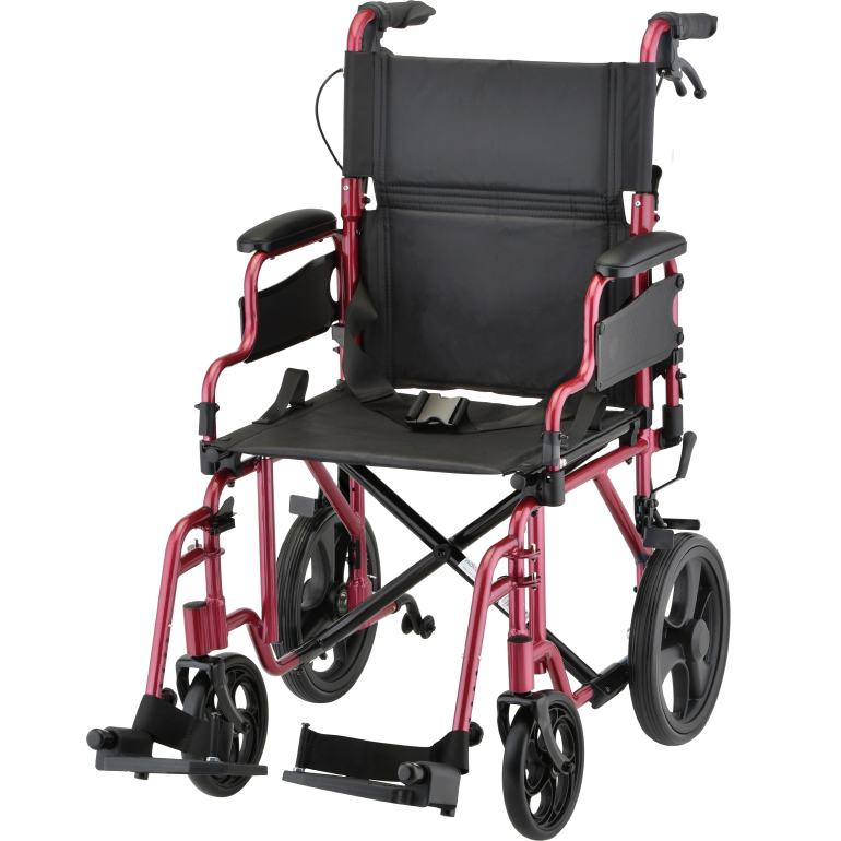 353R Transport Chair Lightweight Flip Back Desk Arms with Hand Breaks and 12in Rear Wheels Red