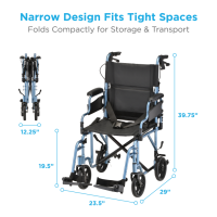 350B Nova Transport Chair Lightweight Flip Up Arms with Locking Hand Brakes Blue Dimensions thumbnail