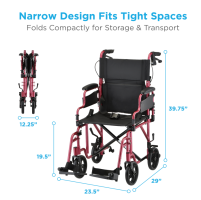 350R Nova Transport Chair Lightweight Flip Up Arms with Locking Hand Brakes Red Dimensions thumbnail