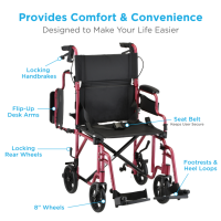 350R Nova Transport Chair Lightweight Flip Up Arms with Locking Hand Brakes Red overview thumbnail 350R Nova Transport Chair Lightweight Flip Up Arms with Locking Hand Brakes Red overview thumbnail