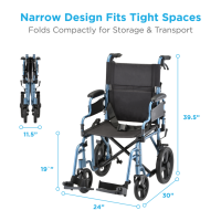 353B Transport Chair Lightweight Flip Back Desk Arms with Hand Breaks and 12in Rear Wheels Blue Dimensions thumbnail