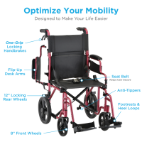353R Transport Chair Lightweight Flip Back Desk Arms with Hand Breaks and 12in Rear Wheels Red infographic thumbnail