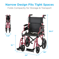 353R Transport Chair Lightweight Flip Back Desk Arms with Hand Breaks and 12in Rear Wheels Red Dimensions thumbnail