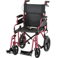 353R Transport Chair Lightweight Flip Back Desk Arms with Hand Breaks and 12in Rear Wheels Red thumbnail